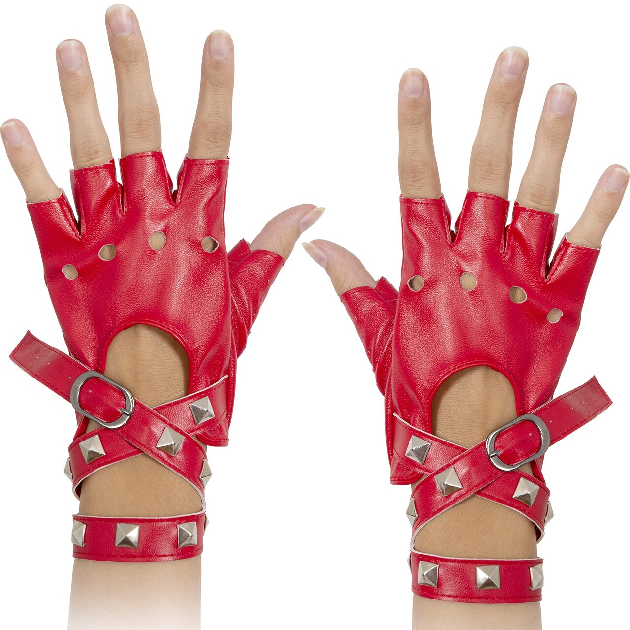 Fingerless Faux Leather Gloves - Red Biker Punk Gloves with Belt Up Closure and Rivet Design for Women and Kids